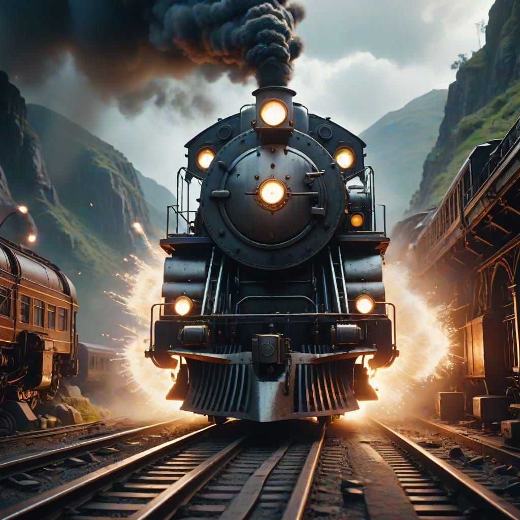 Monstrous Steam Locomotive Thunders Down Mountain Railway at...