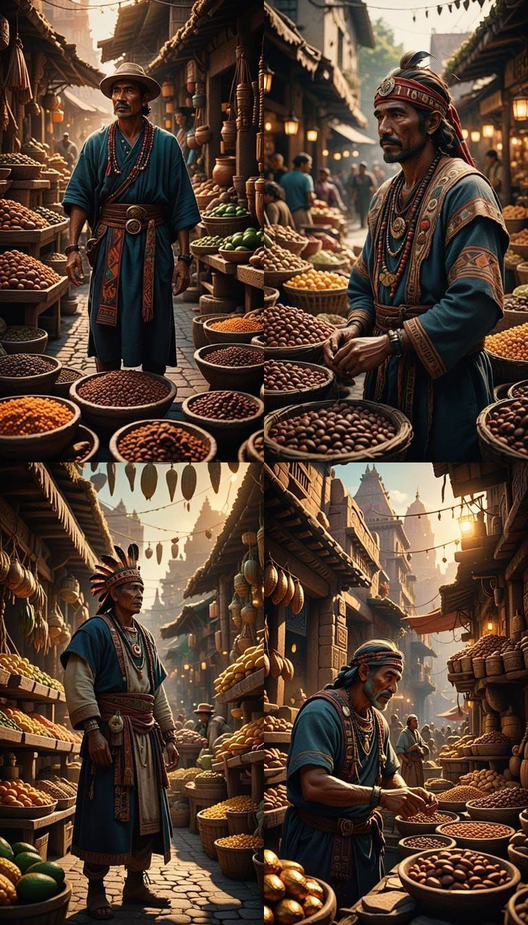 Ancient Aztec Marketplace with Cocoa Currency in Vibrant Det...