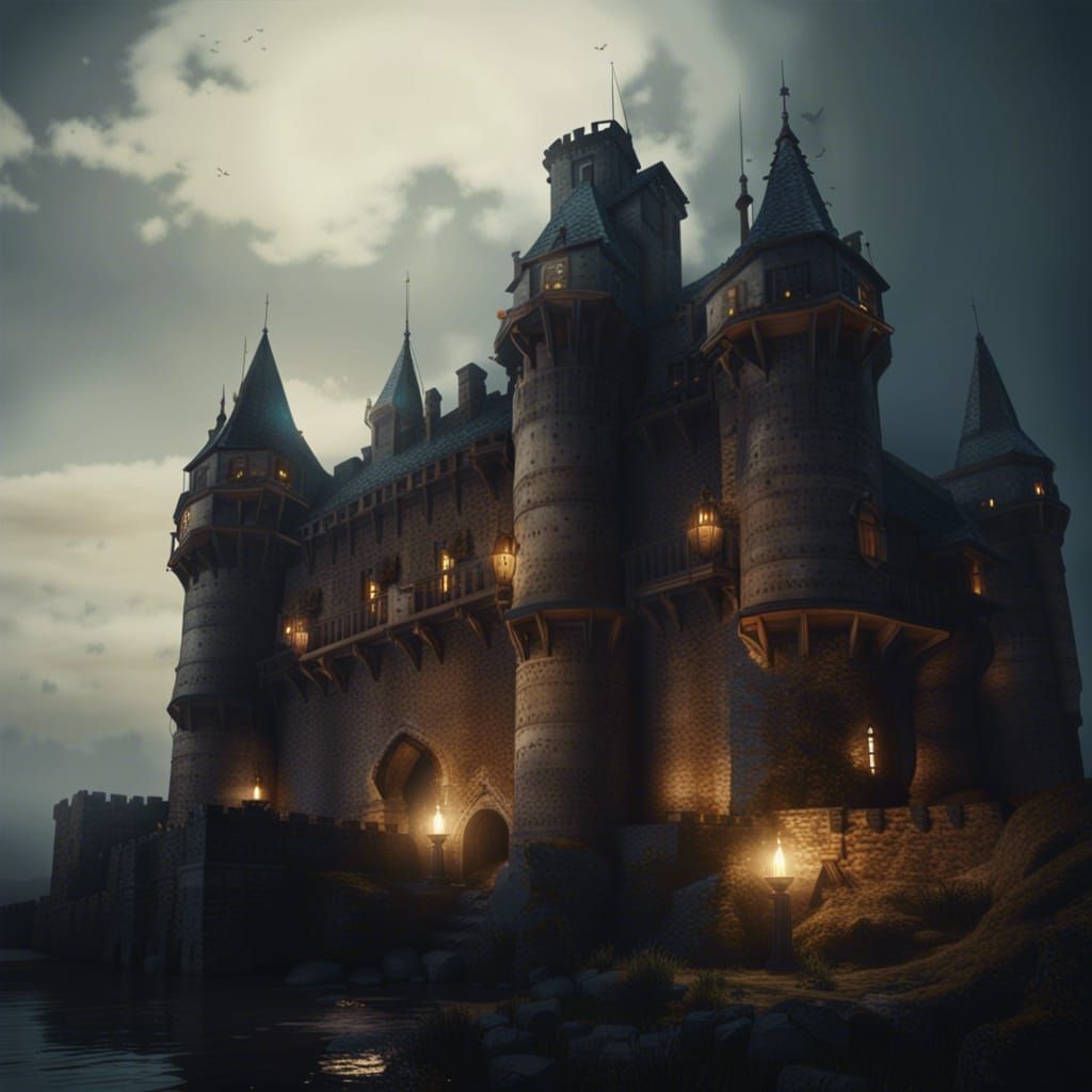 Medieval Castle Under Full Moon: Dark Fantasy Art
