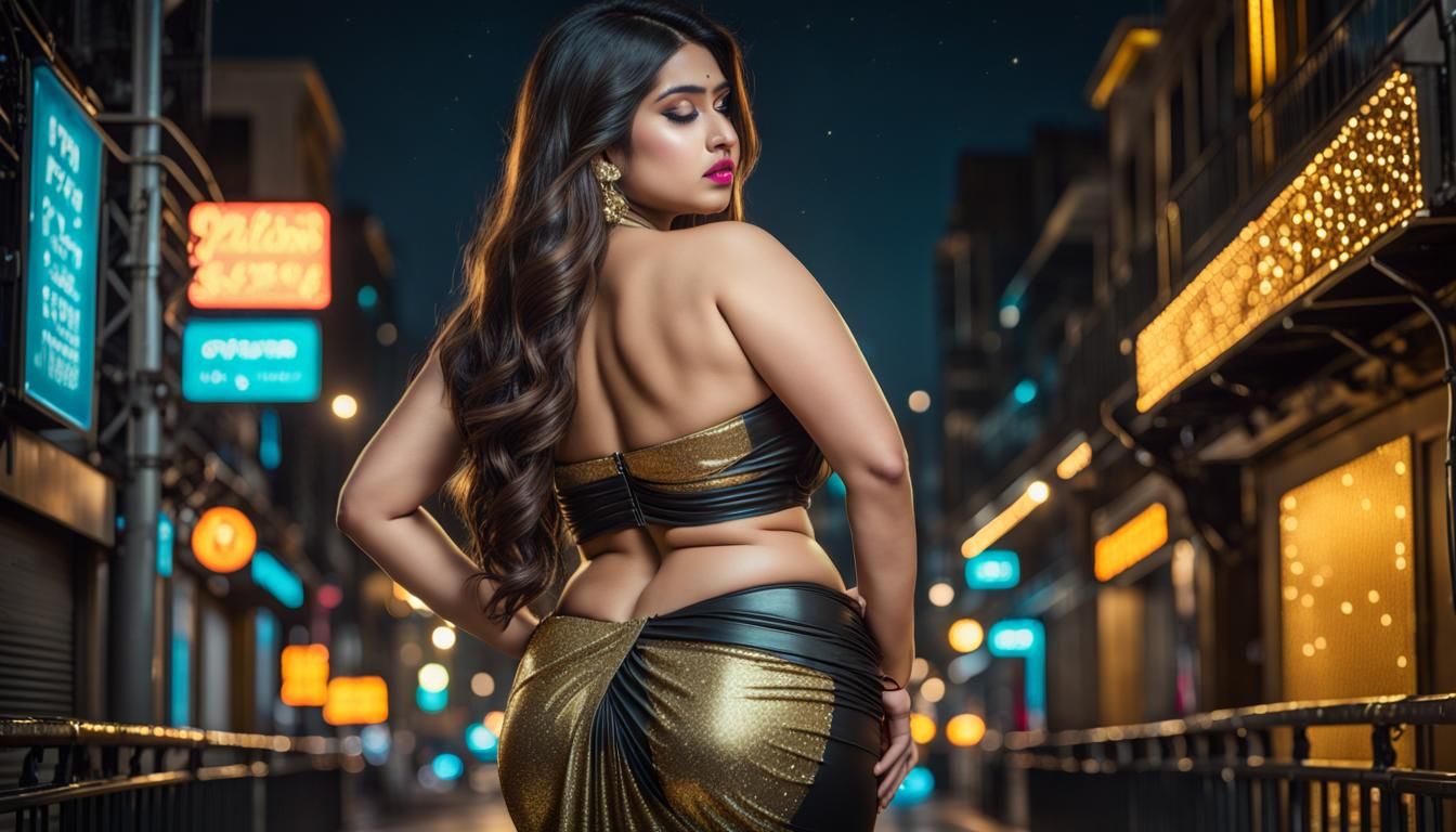 Curvy Woman in Glitter Saree in Neon City