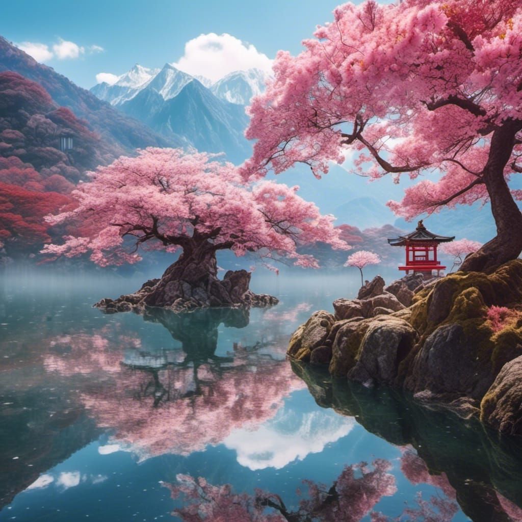 Serene Ancient Sakura Tree in a Japanese Landscape