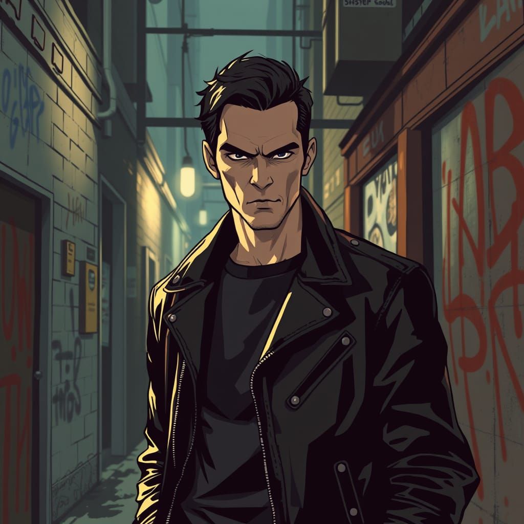 Noir Figure in Urban Alleyway with Leather Jacket
