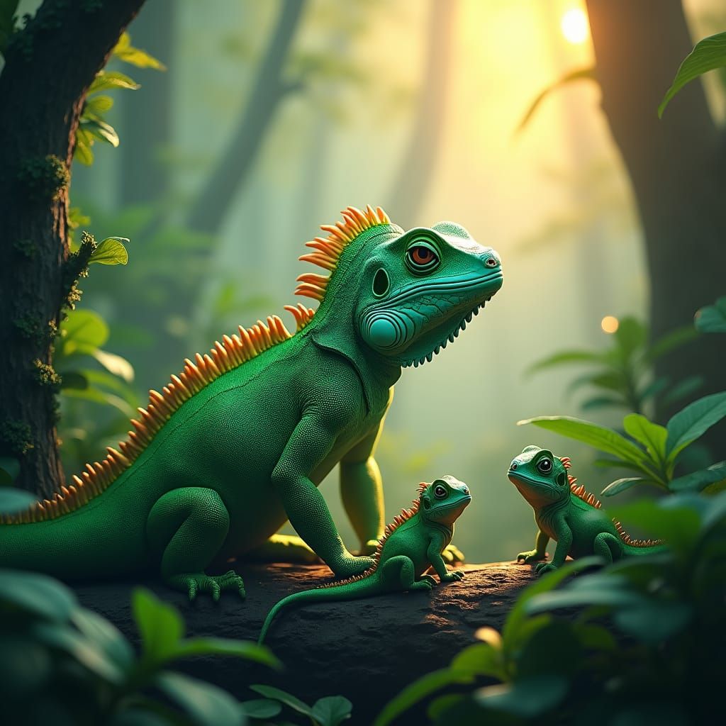 Iguana Family in Ethereal Forest, Fantasy Concept Art