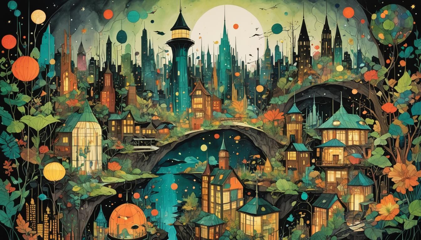 Luminous Metropolis in Alcohol Ink Style