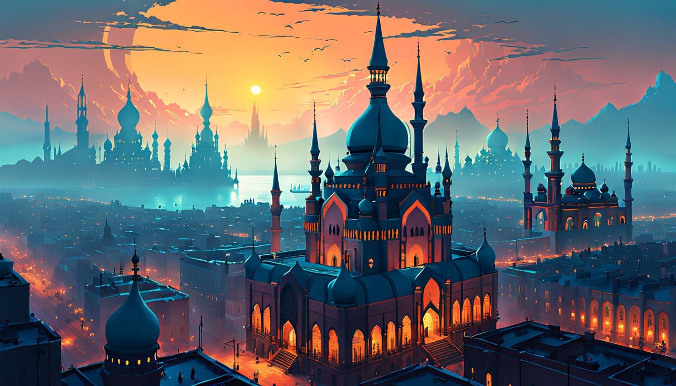 Majestic Imperial Cityscape Under Golden Dusk