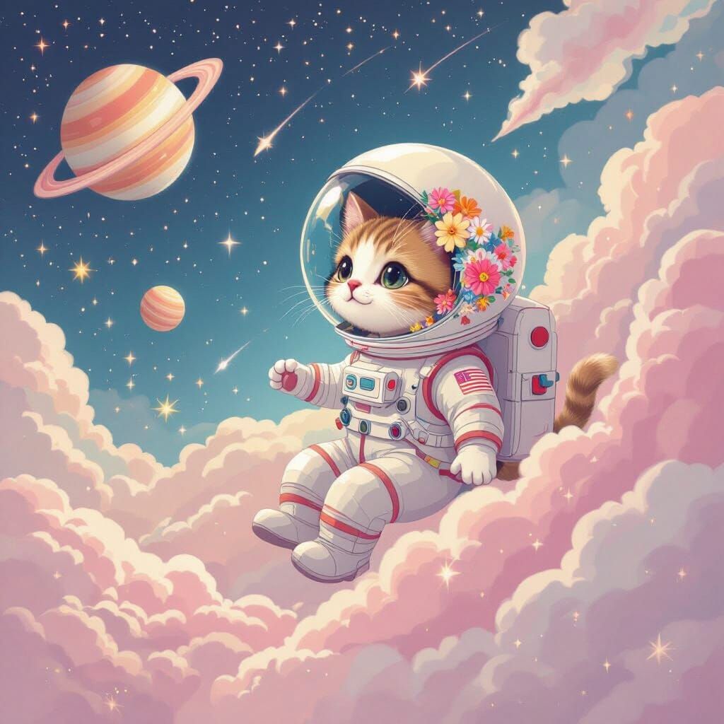 Astronaut Cat Floating Through Candy Nebula