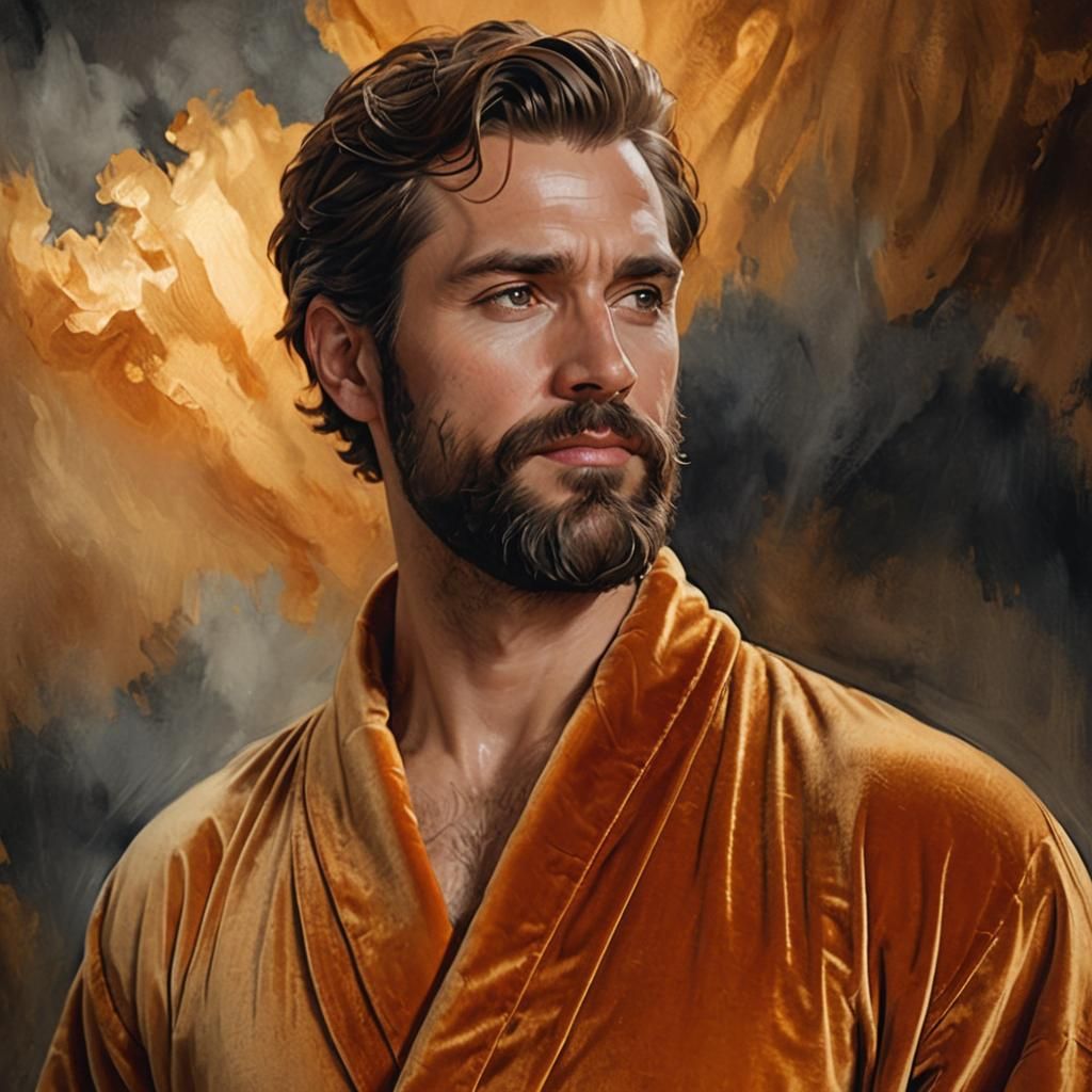 Serene Man in Golden Velvet Bathrobe: Renaissance Style