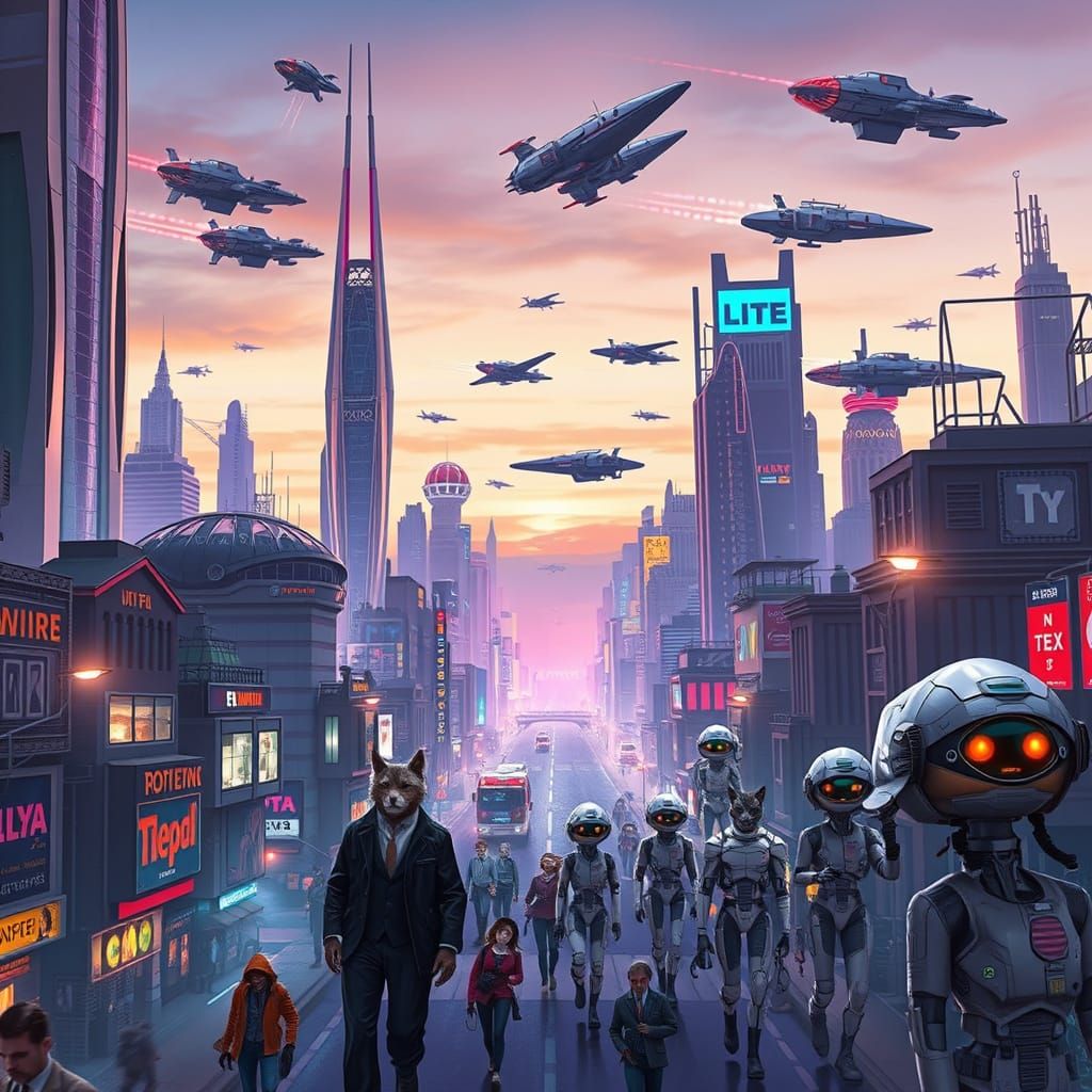 Futuristic Metropolis with Flying Machines and Dressed Anima...