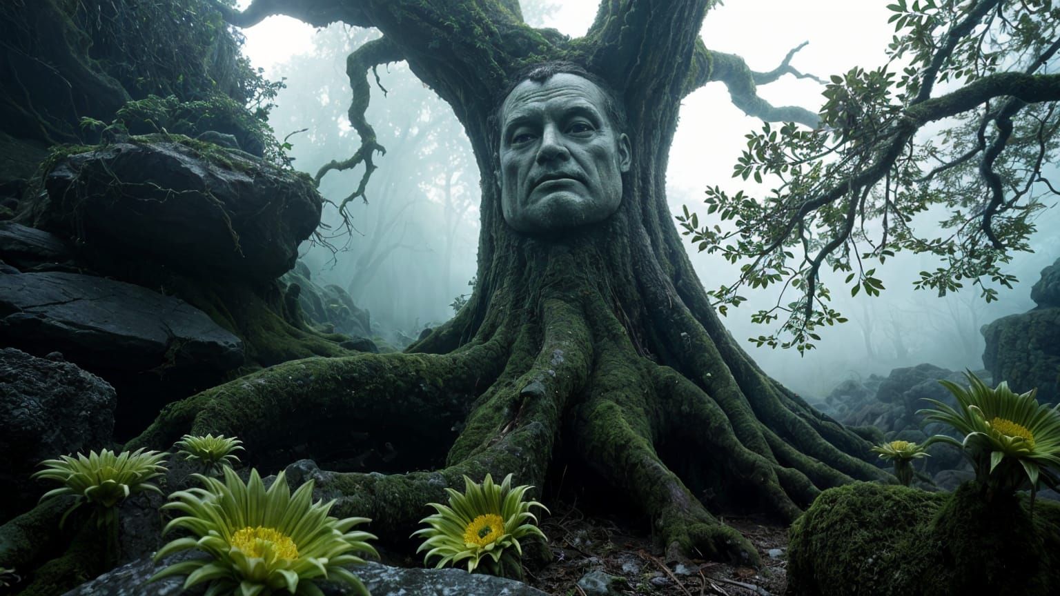 Mystical Face in Forgotten Garden Cloaked in Mist