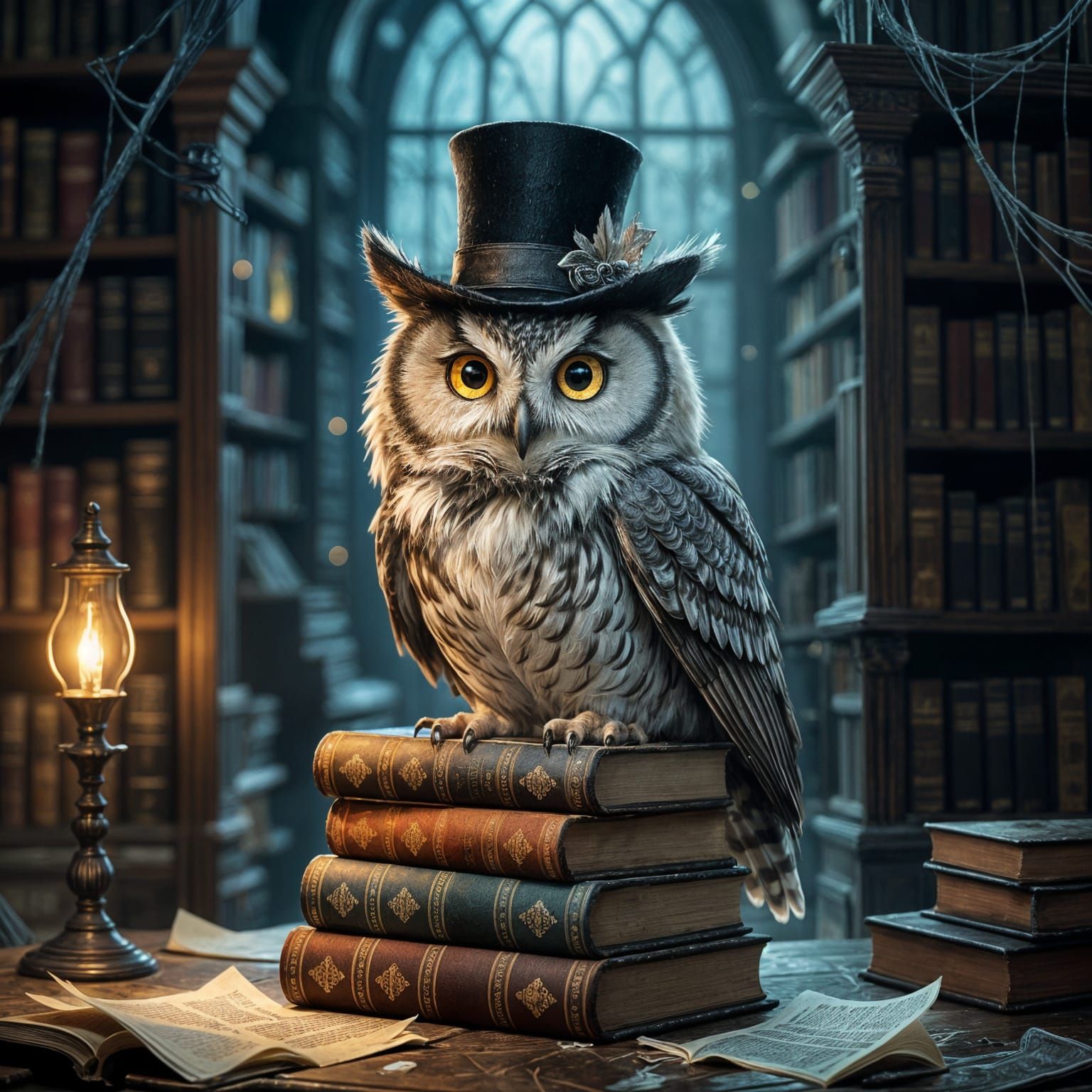 Wise Owl Scholar in Dusty Library Digital Painting