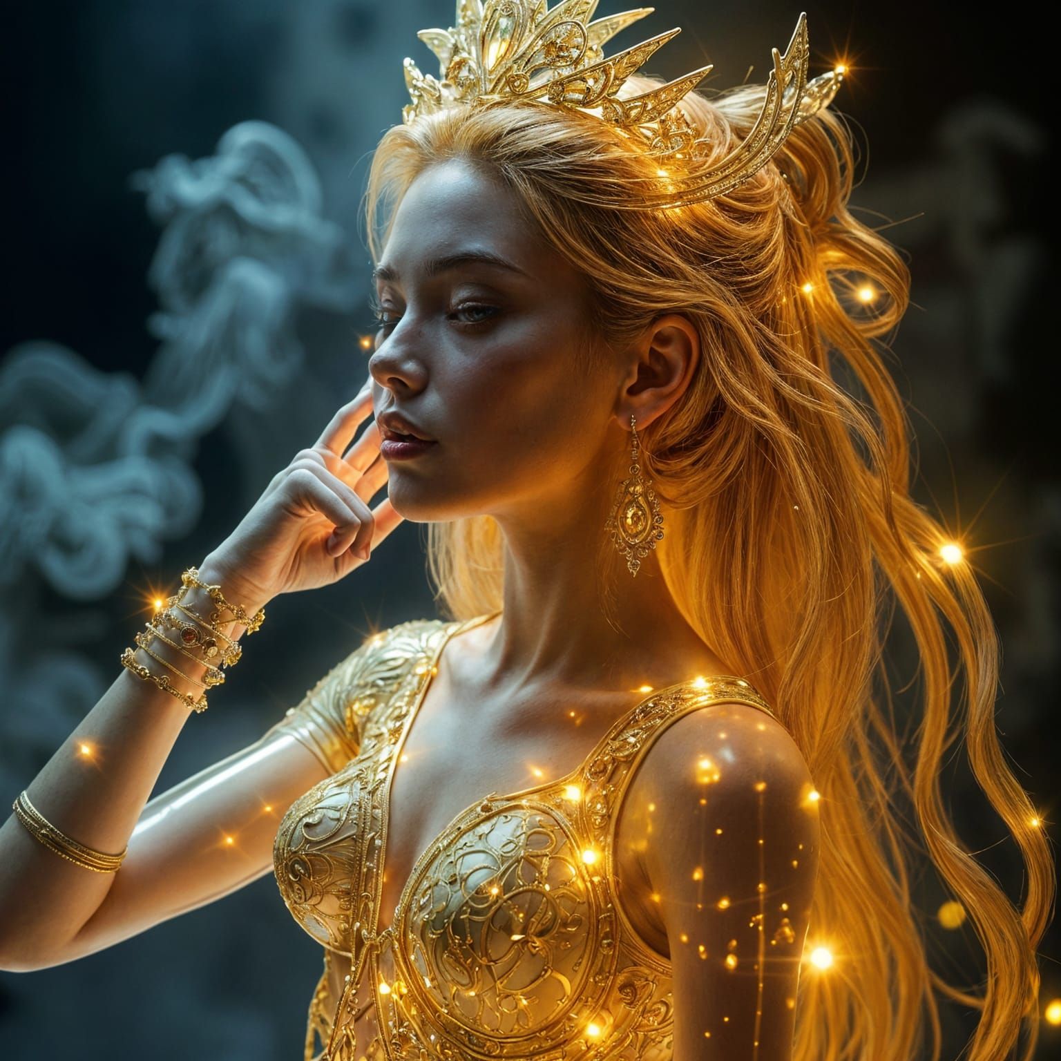 Ethereal Crystal Cyber Princess in Golden Splendor