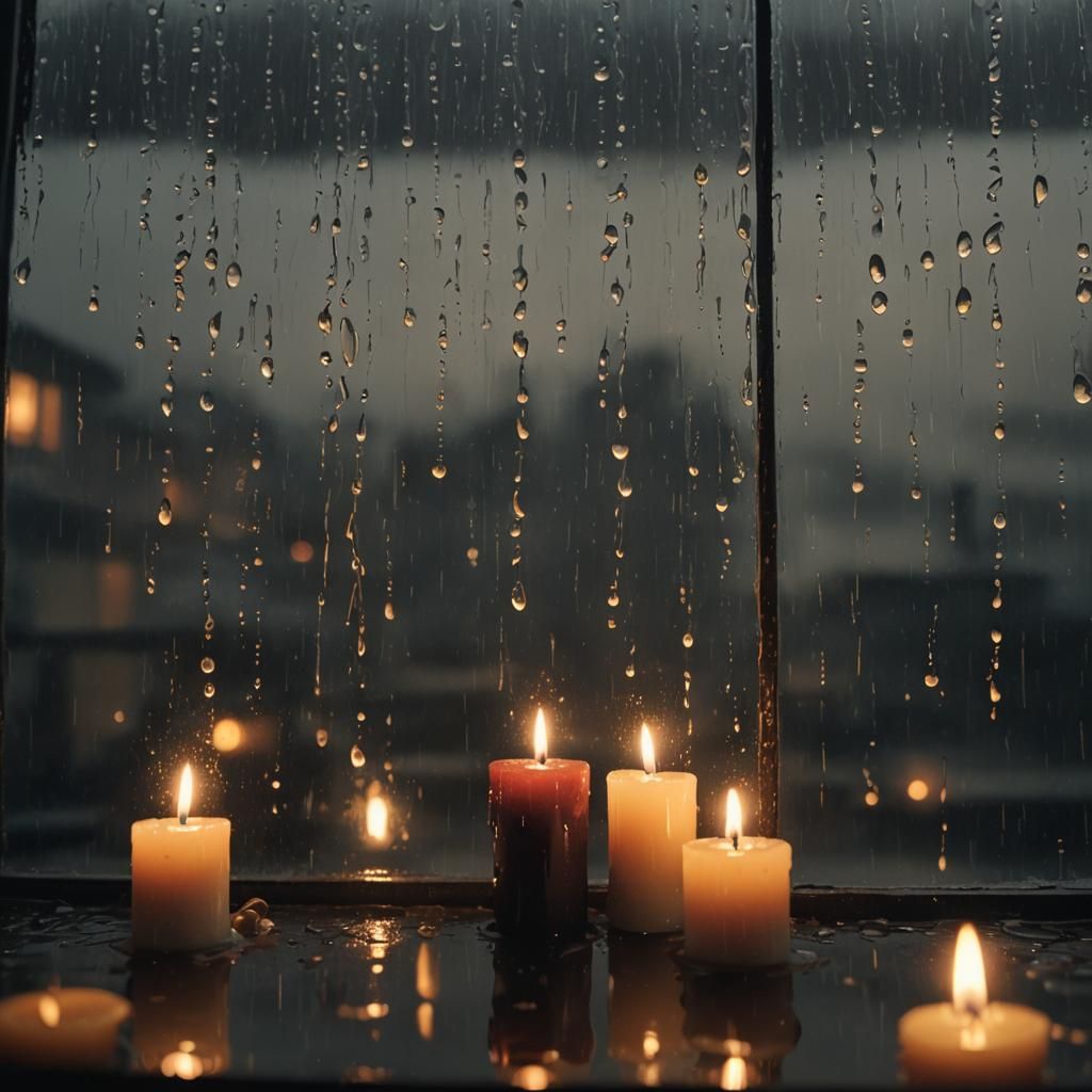 Candles in Rainy Atmosphere: Moody Cinematic Still