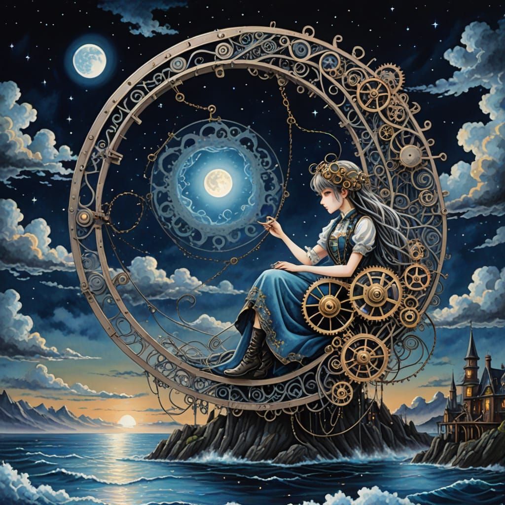 Steampunk Crescent Moon in Velvet Night Sky