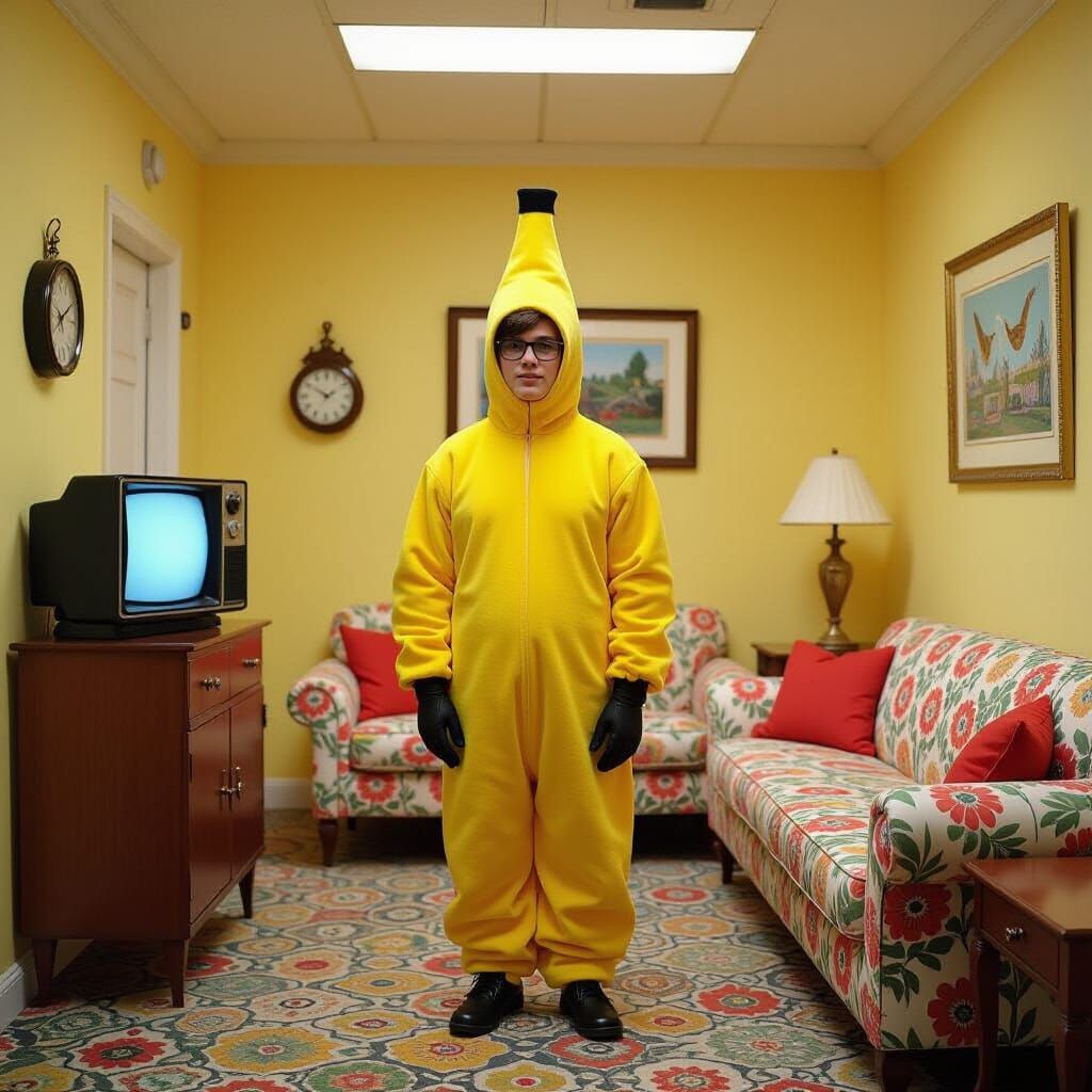 Humorous Retro Living Room Scene with Banana Costume