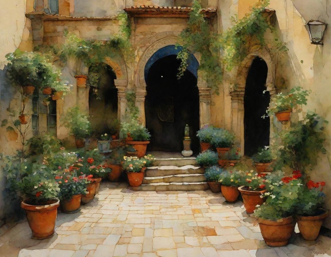 Arabic Courtyard Painting with Flowers and Seating