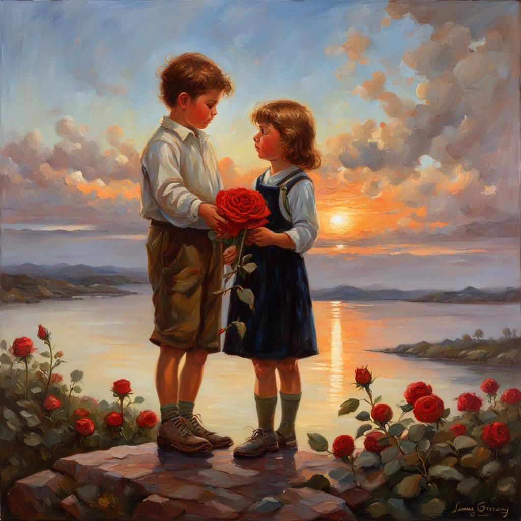 Boy Offers Rose to Valentine, Oil Painting
