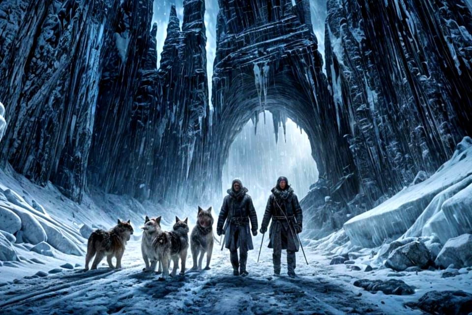 Arctic Cave Entrance with Explorers, Digital Art