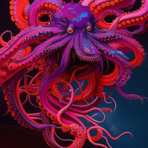 Octopus Rock God in Hyperdetailed Neon Concept Art