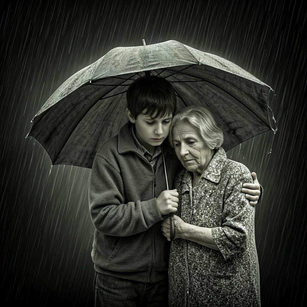 A Son's Devoted Protection in the Rain
