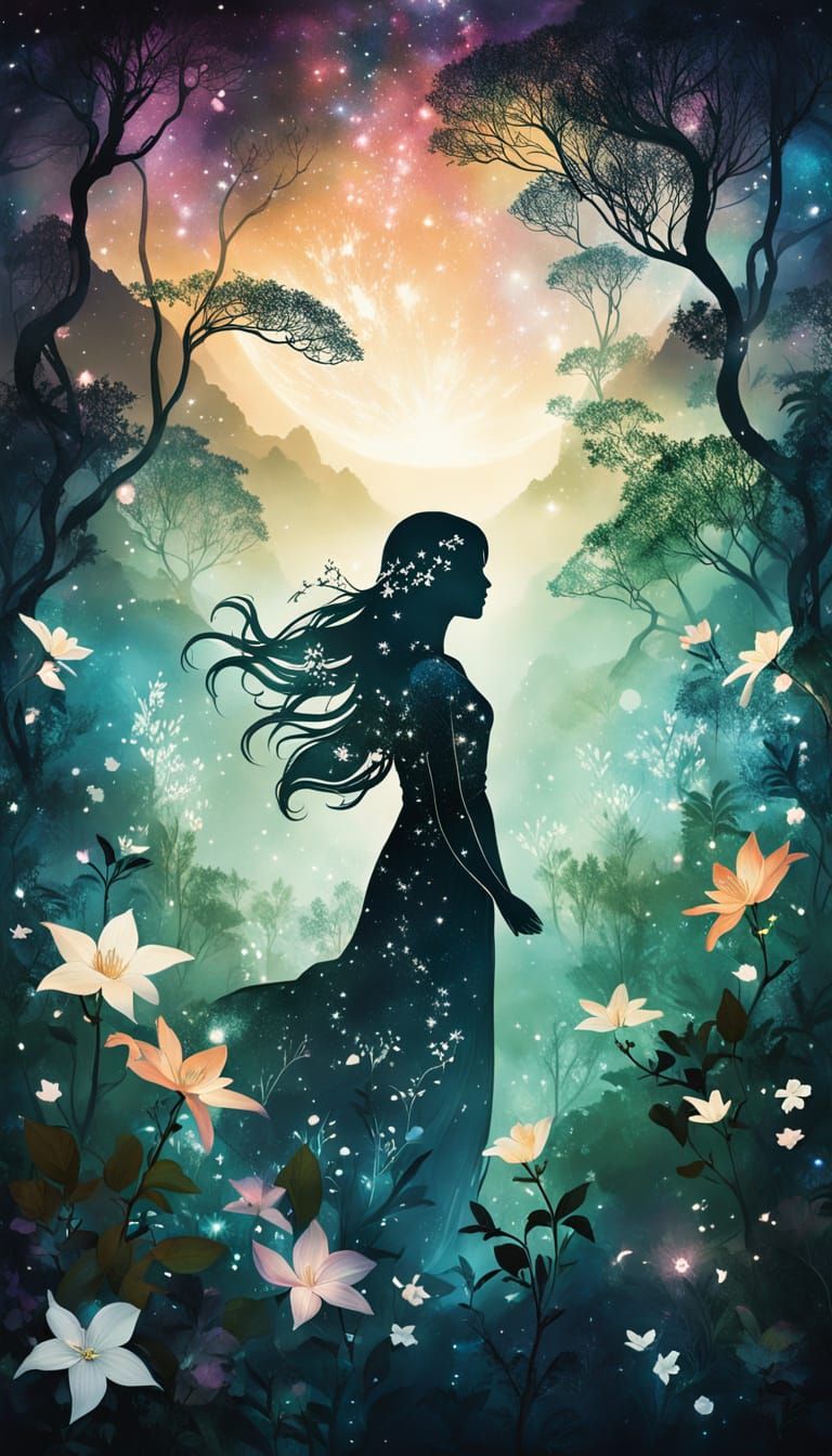 Jasmine Silhouette with Cosmic Landscape Double Exposure