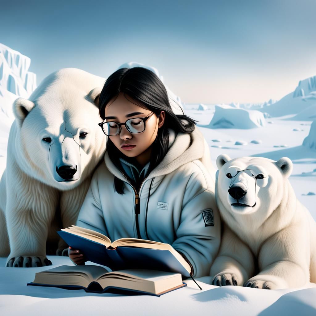 Intimate Photo of Inuit Girl Reading with Polar Bear