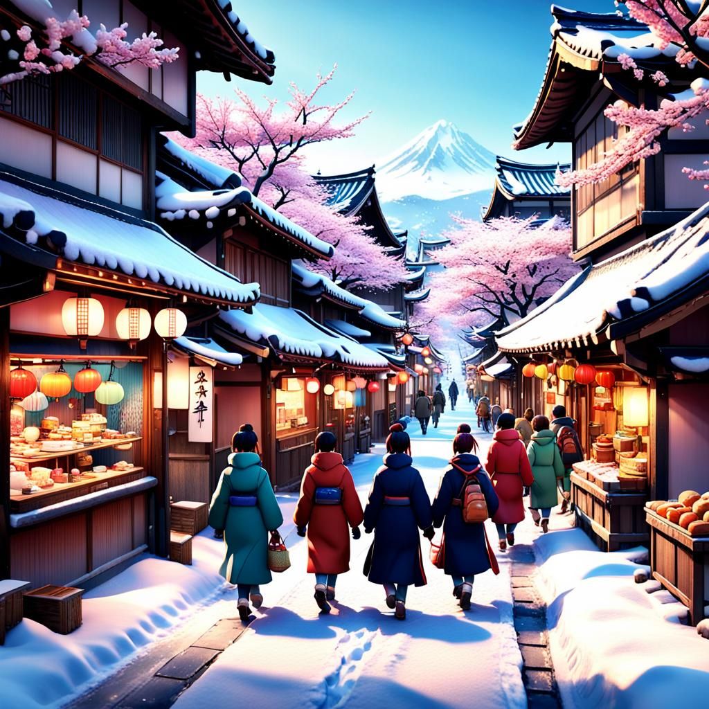 Snowy Japanese Village Street in Winter, 3D Render