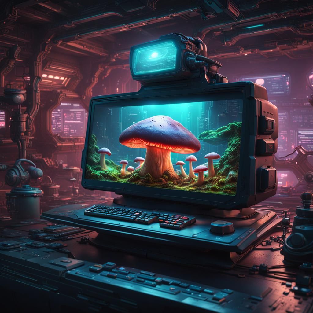 Cyberpunk Mushroom in Computer Screen: Detailed Matte Painti...