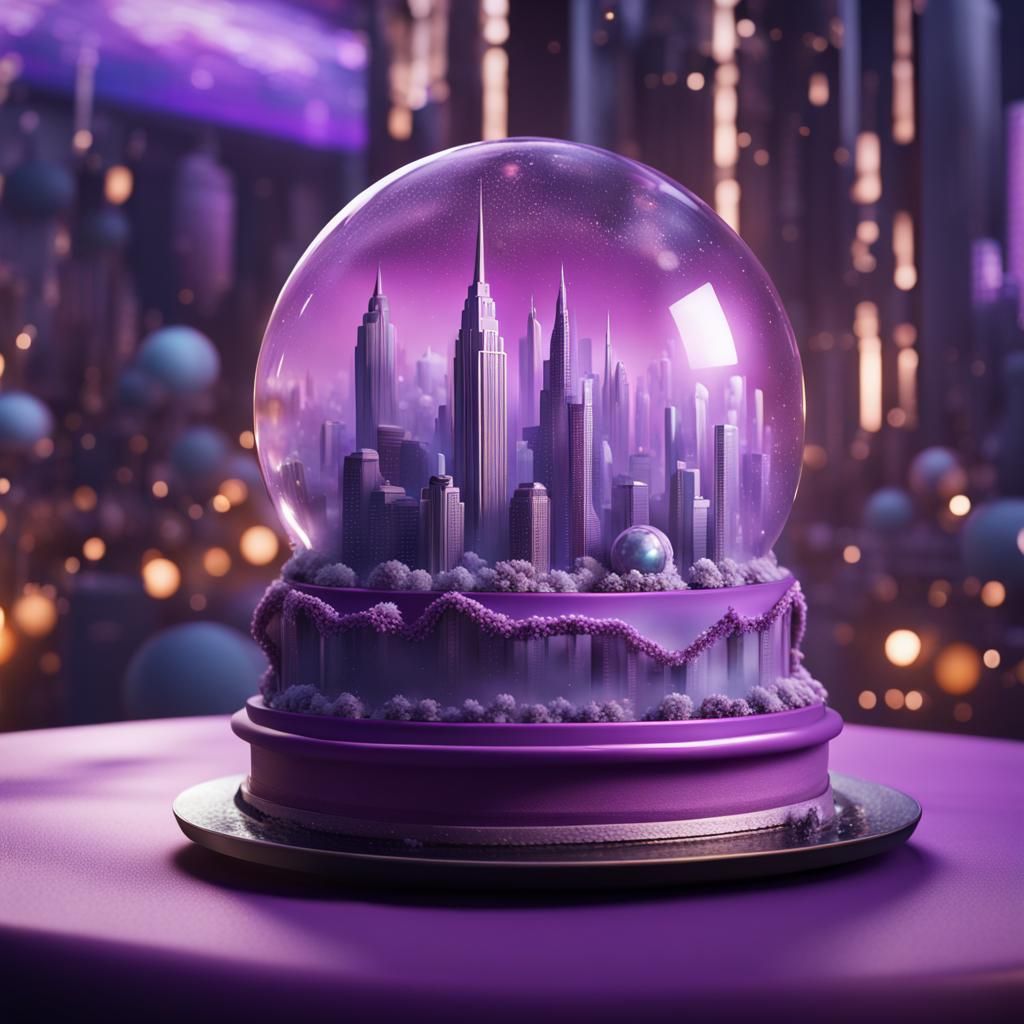 Purple Birthday Cake with Futuristic City Snow Globe
