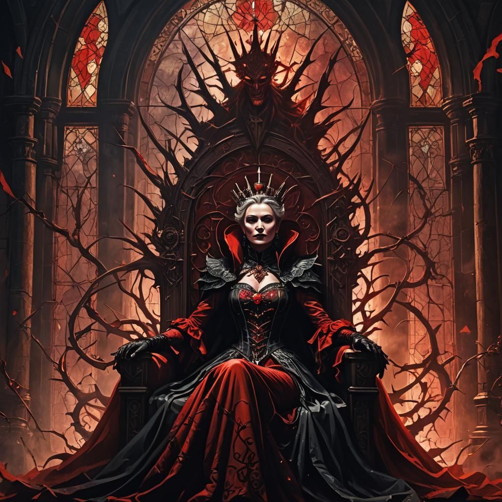 Thorn Queen on Throne with Red Mist, Dark Fantasy