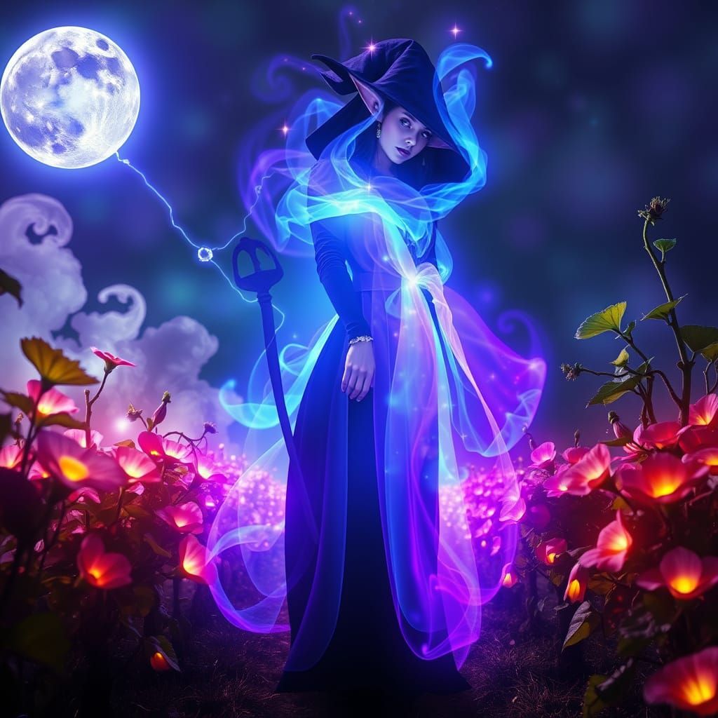 Ethereal Elf Witch Amidst Glorified Clouds in Prismatic Aura