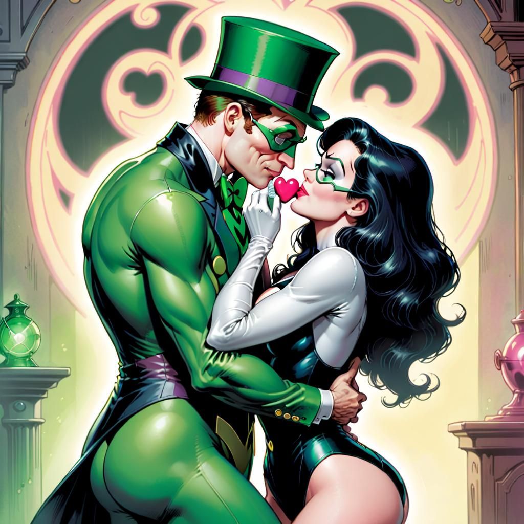 Zatanna and Riddler kissing embraced Kirby, comic book art, ...