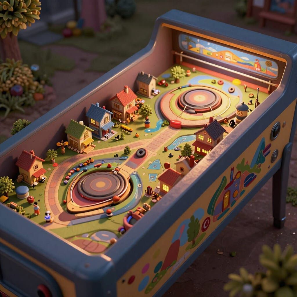 Miniature Village Inside a Giant Pinball Machine