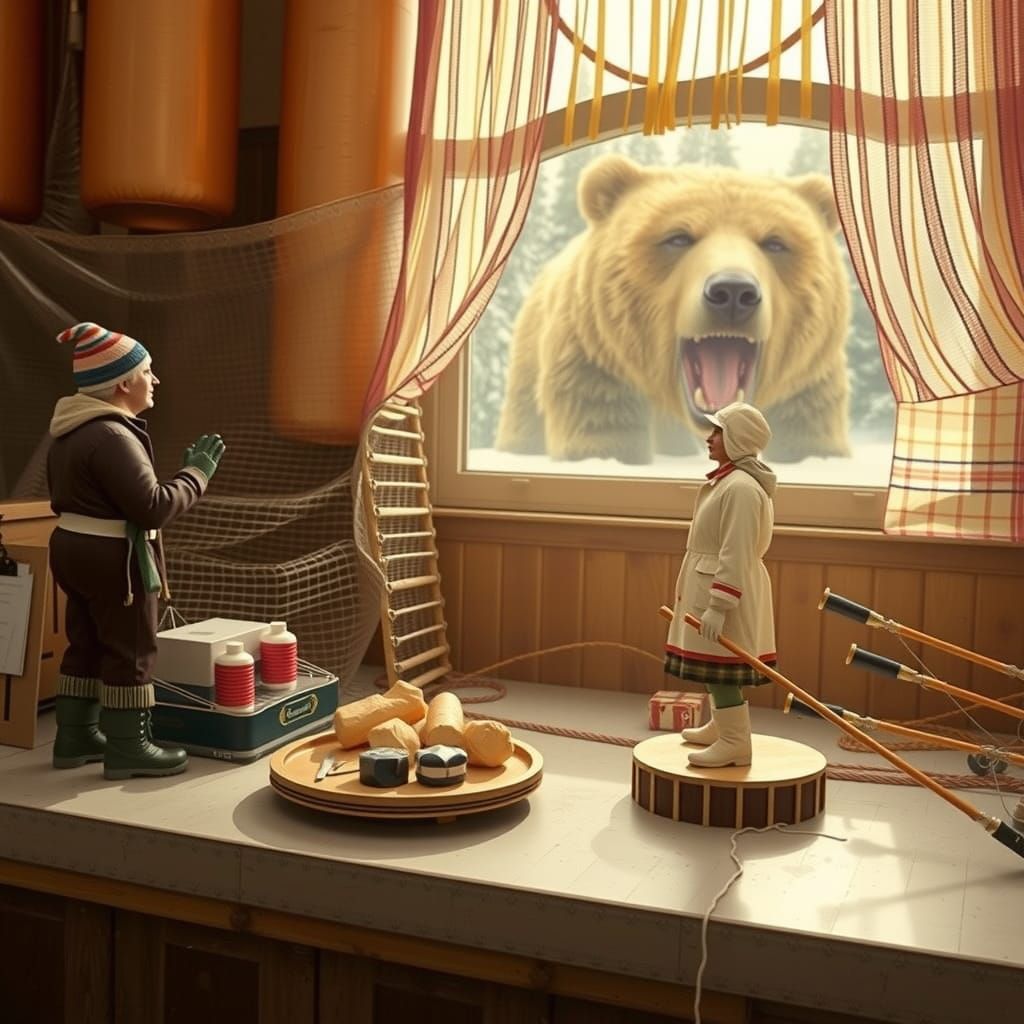 Giant Hiker Confronts Grizzly Bear in Faded Photo Style