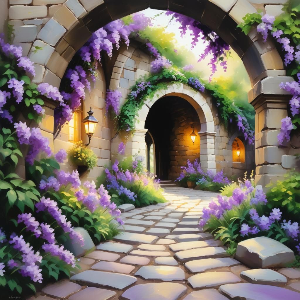 Purple Flowers Adorn Weathered Stone Arch in Impressionism