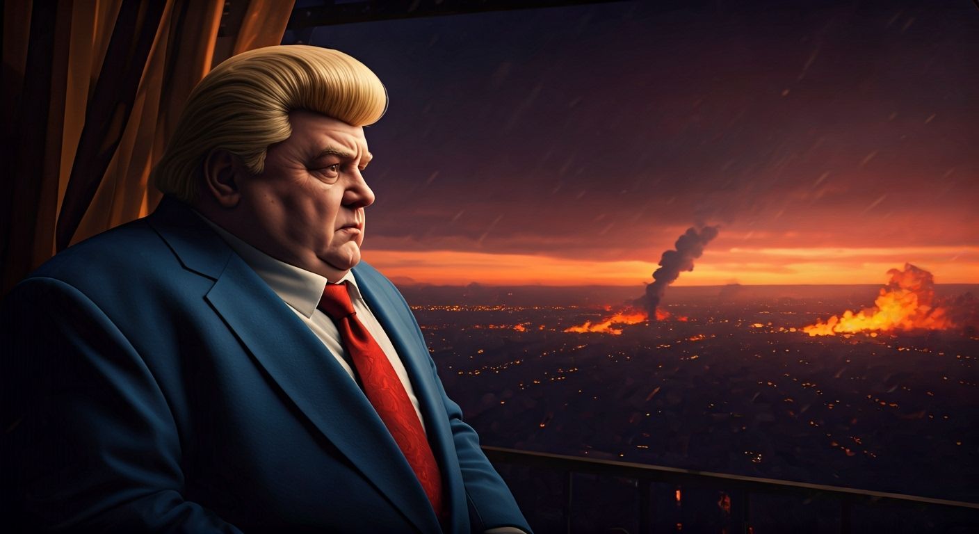 Fat Man in Blue Suit Watches City Burn in Cubist Style