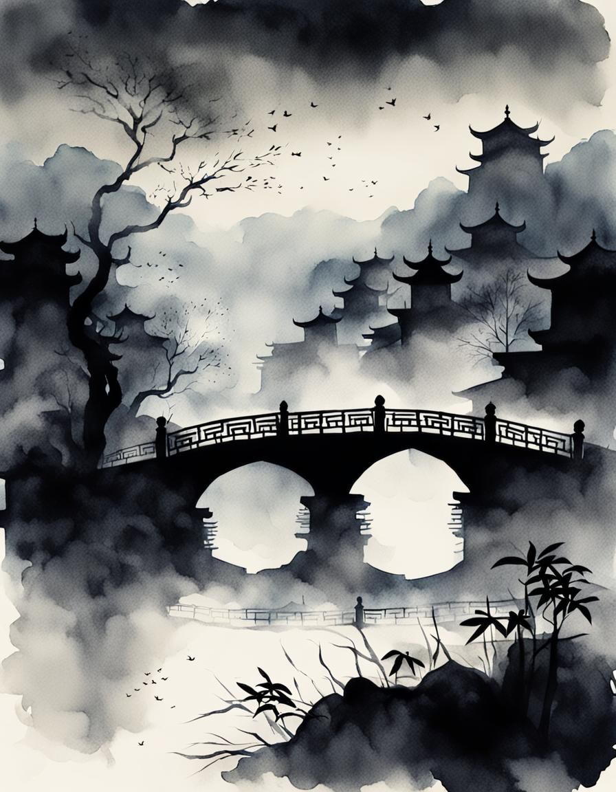 Elegant Dark Night Landscape in Chinese Watercolor