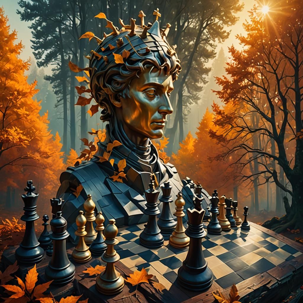 Surreal Autumn Chess Game in Dreamlike Forest