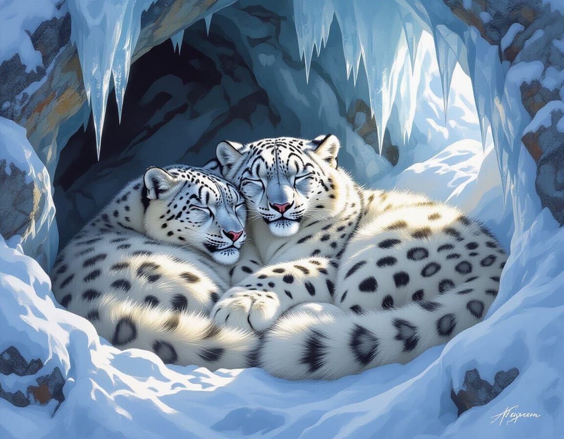 Snow Leopards Cuddle in High-Altitude Den