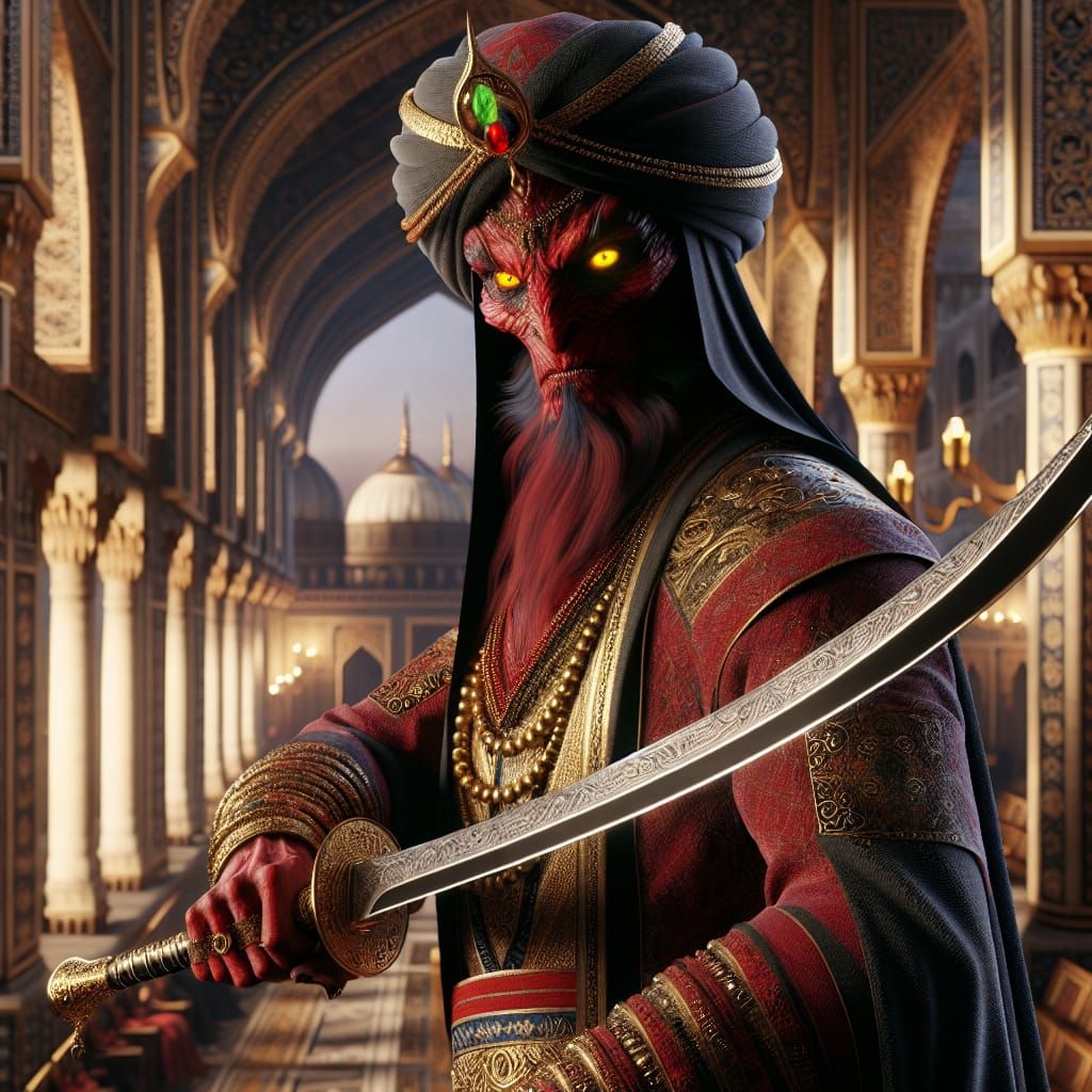 Medieval Efreeti Warrior in Middle Eastern Palace