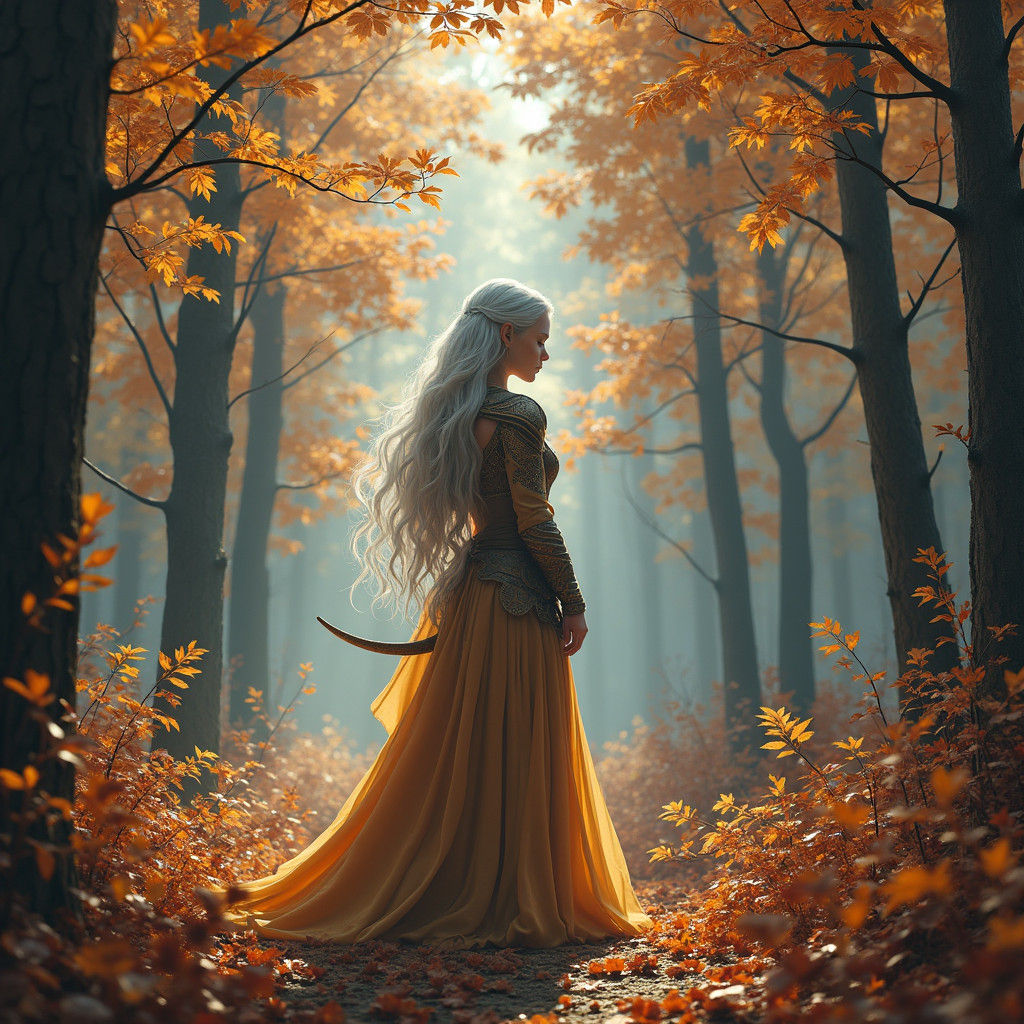 Ethereal Elf in Autumn Forest, Matte Painting