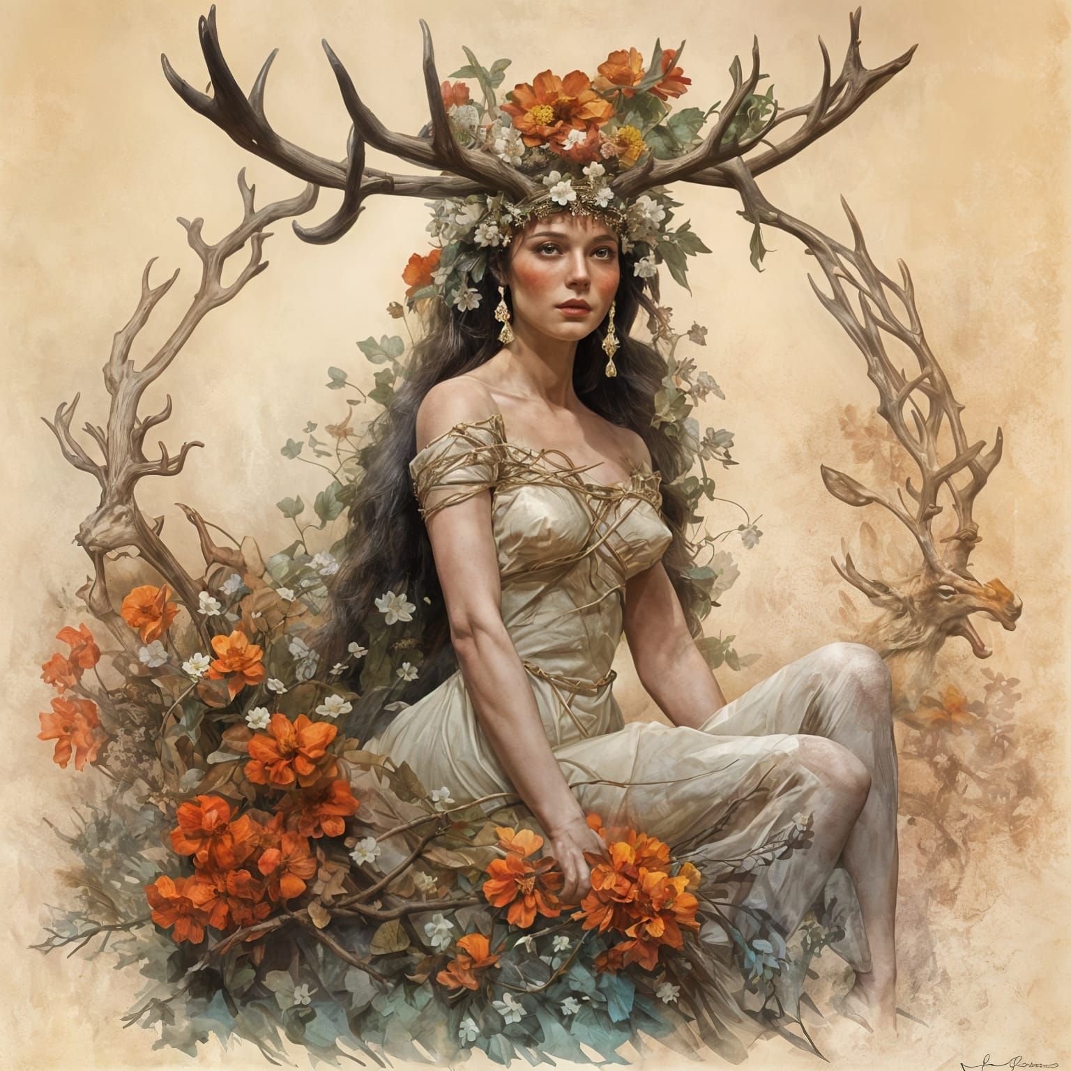 Ethereal Woman Riding Reindeer with Antlers