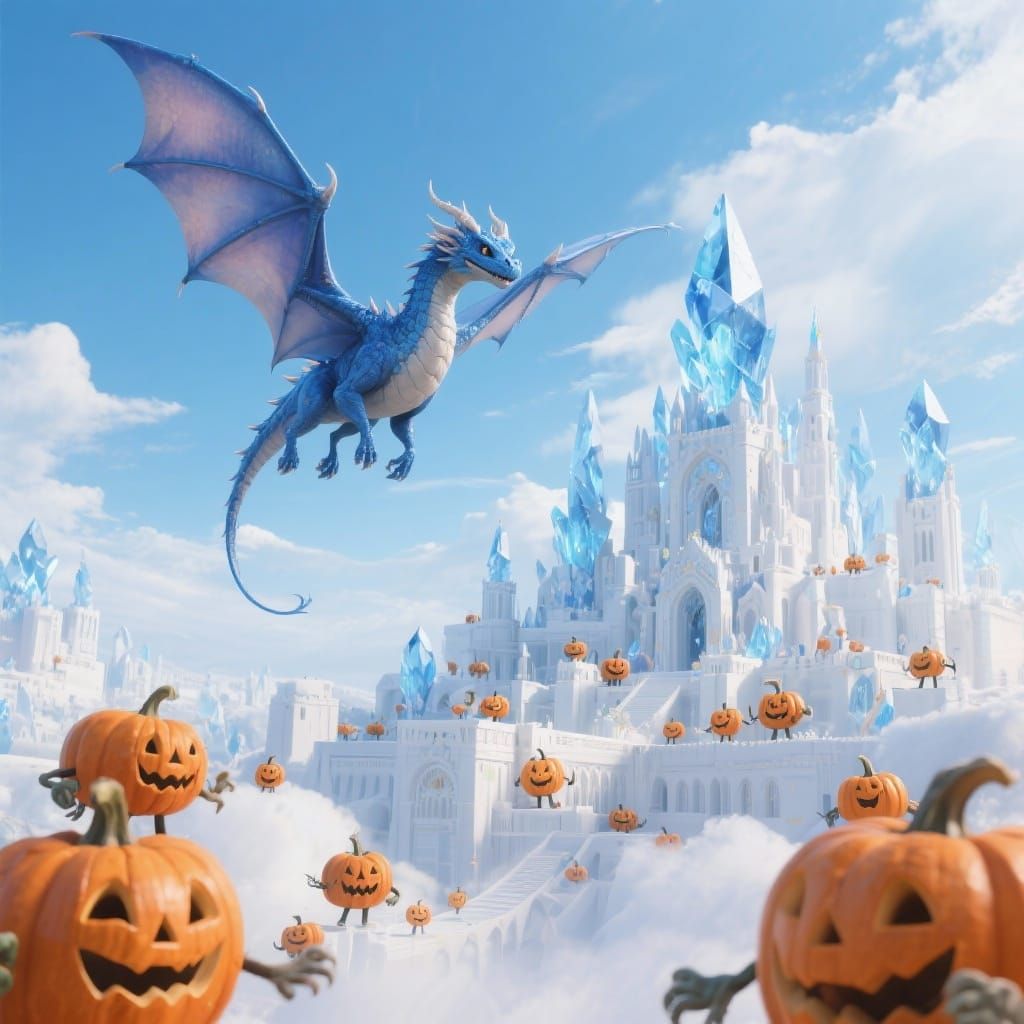 Blue Dragon Over Crystal City with Pumpkin People