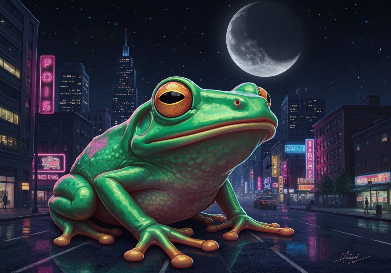 Frog Cityscape: Hyper-Realistic Neon Night Image