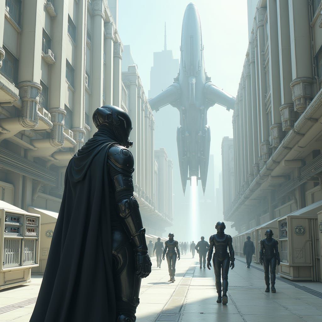 Majestic Figure in Jet Black Armor Dominates Futuristic City...