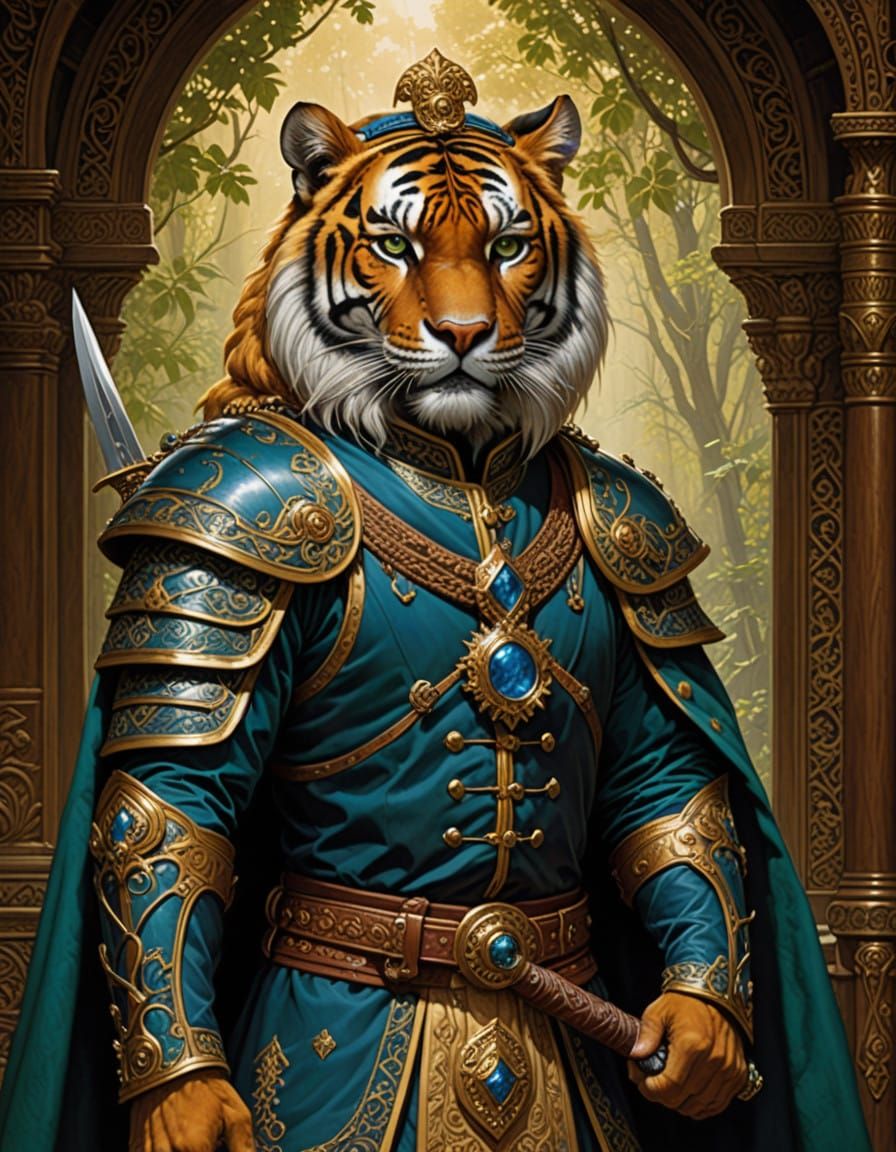 Regal Tiger in Maharaja's Guard Uniform, Holding Khukuri Kni...