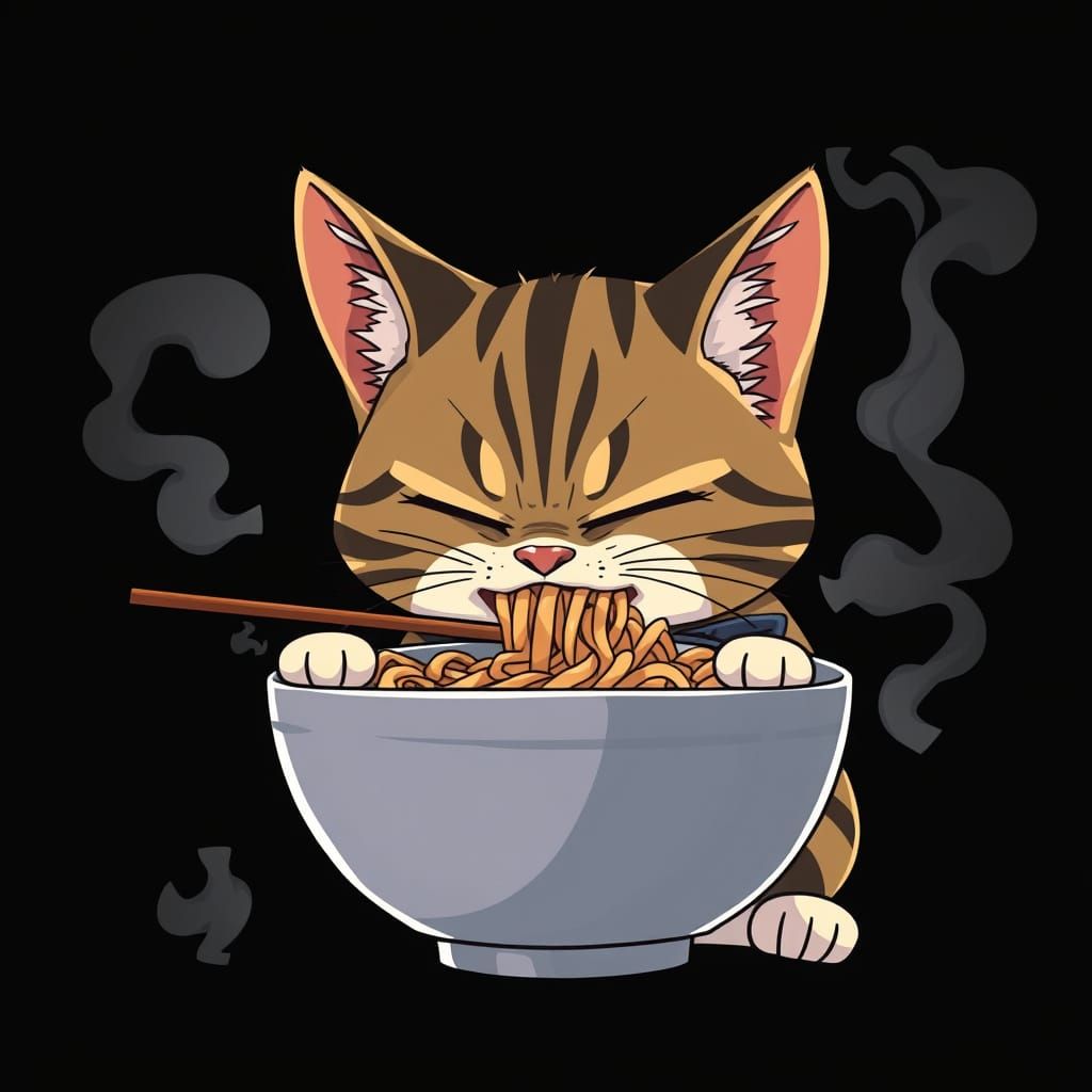 Cute Tabby Cat Eating Ramen in Flat Manga Style