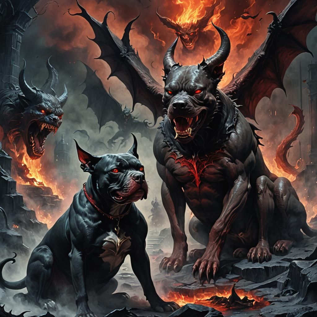 Demonic Devil and Pit Bull Dog in Dark Horror