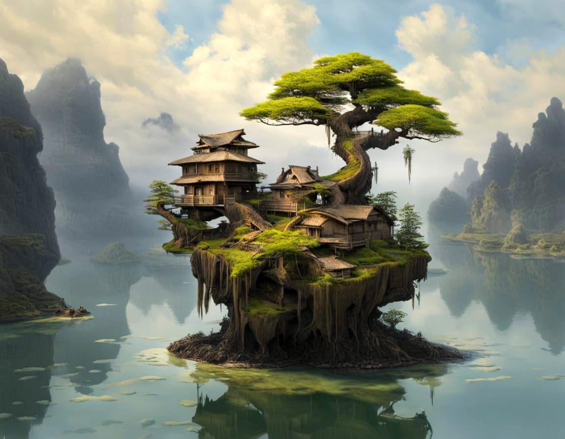 Surreal Waterhouse-Inspired Village on a Floating Island
