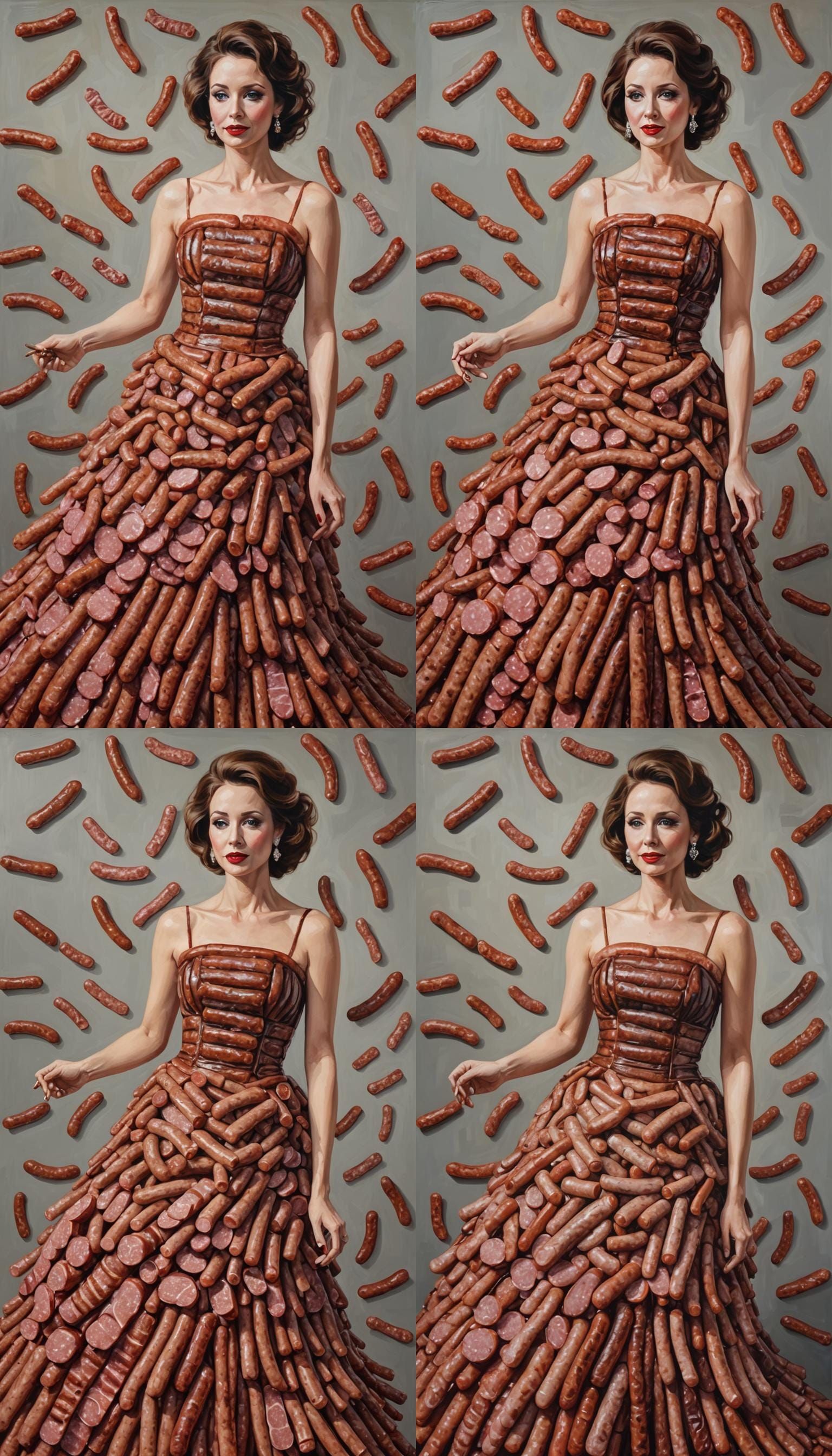 Sausage and Steak Dress: Satirical Acrylic Art