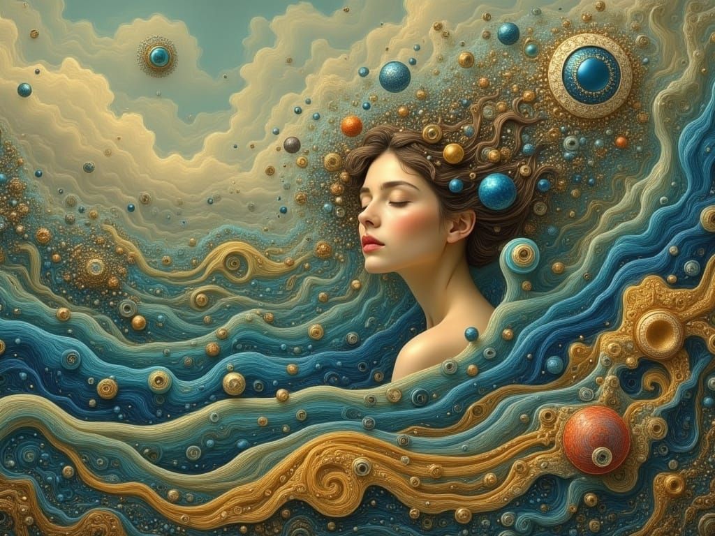 Surrealist Woman Dissolves into Dreamlike Landscape